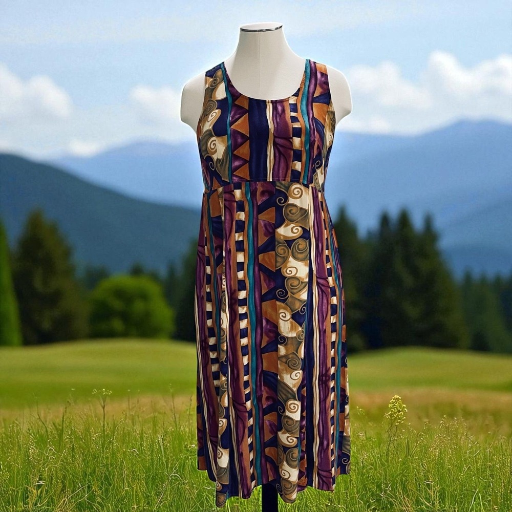 Debra Martin Woman Abstract Print Rayon Dress Boho Artsy Festival Vintage SZ 20